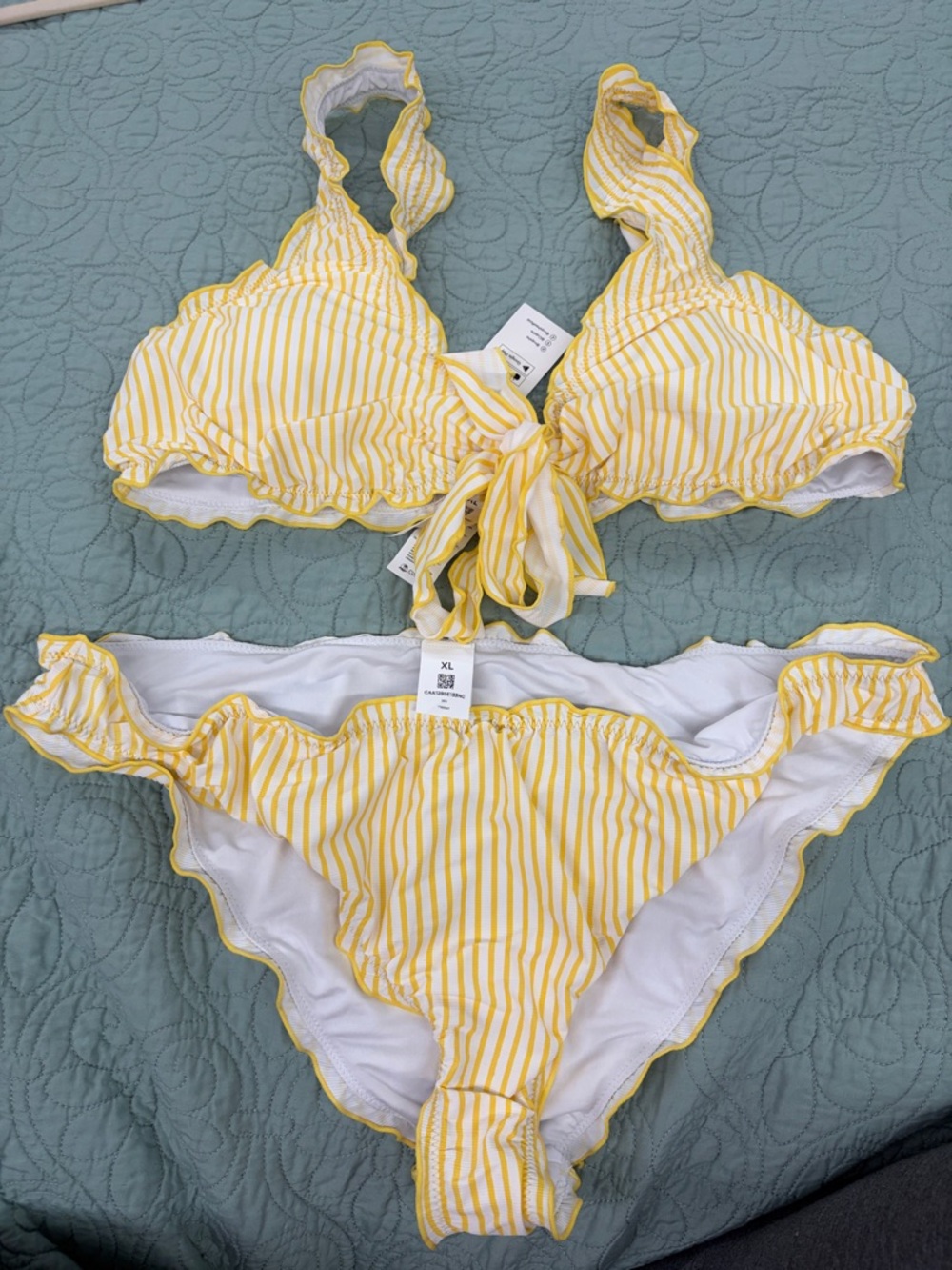 Cupshe Yellow and White Striped Ruffle Tie Bikini Set